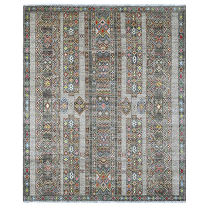 8'1"X9'6" Gray Geometric Design,Berber Influence Wool Hand Knotted Rug