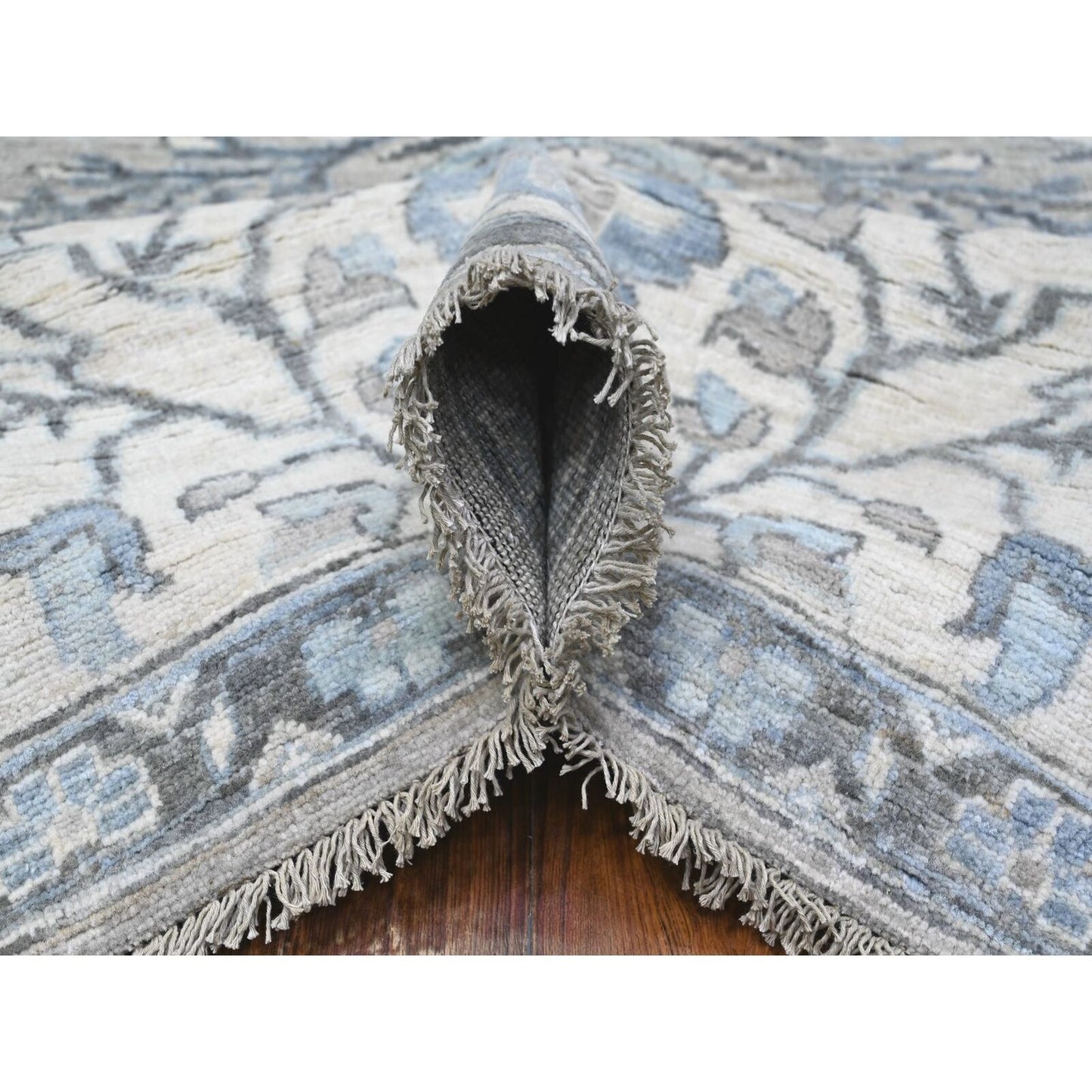 8'1"X10'1" Gray Sickle Leaf Design Hand Knotted Peshawar Heris Wool Rug