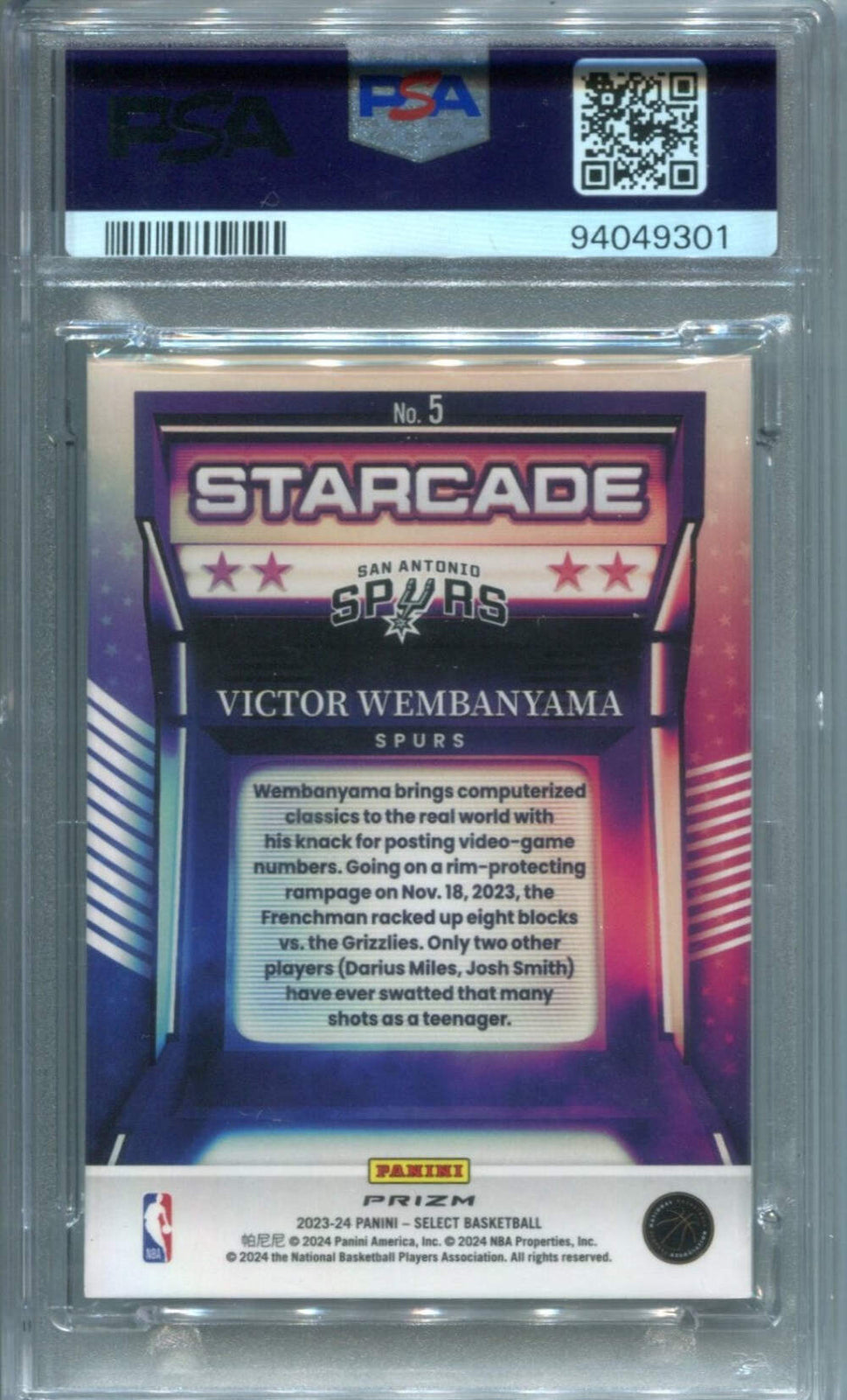 Victor Wembanyama 2023 Select Starcade #5 Psa 8 Card