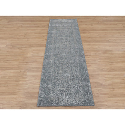2'5"X12'1" Gray Fine Jacquard Hand Loomed Runner Wool And Art Silk Rug