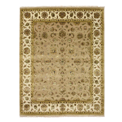 7'8"X9'10" Brown Rajasthan Leaf Design Hand Knotted Wool And Silk Rug