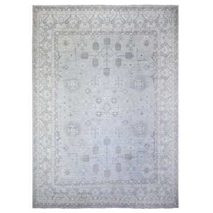 11'10"X16'3" Gray Wool Hand Knotted White Wash Peshawar Oversized Rug
