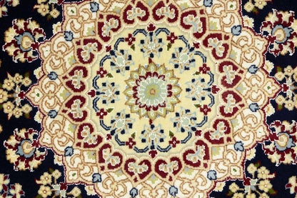 Handmade Navy Floral Classic Indo-Nain Square Rug Oriental Carpet 6x6ft