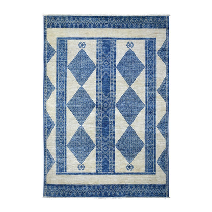 5'10"X8'9" Denim Blue Fine Peshawar Hand Knotted Soft And Shiny Wool Rug