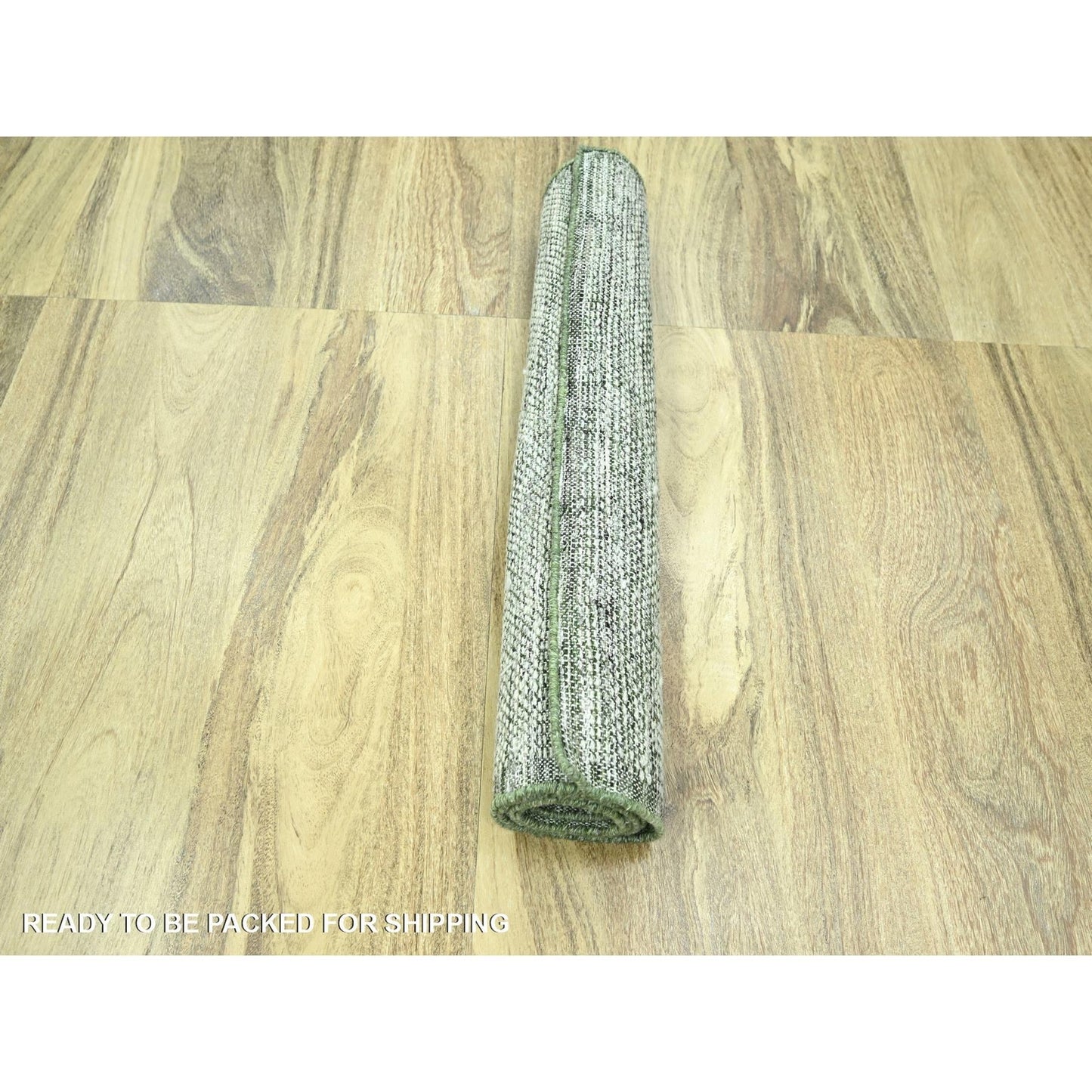 2'7"X8' White & Green Hand Knotted Oxidized Grass Design Wool Runner Rug