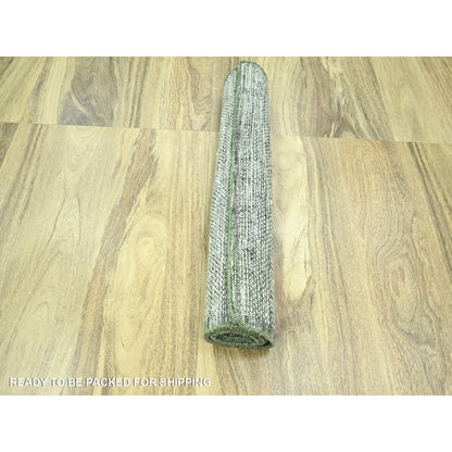 2'7"X8' White & Green Hand Knotted Oxidized Grass Design Wool Runner Rug