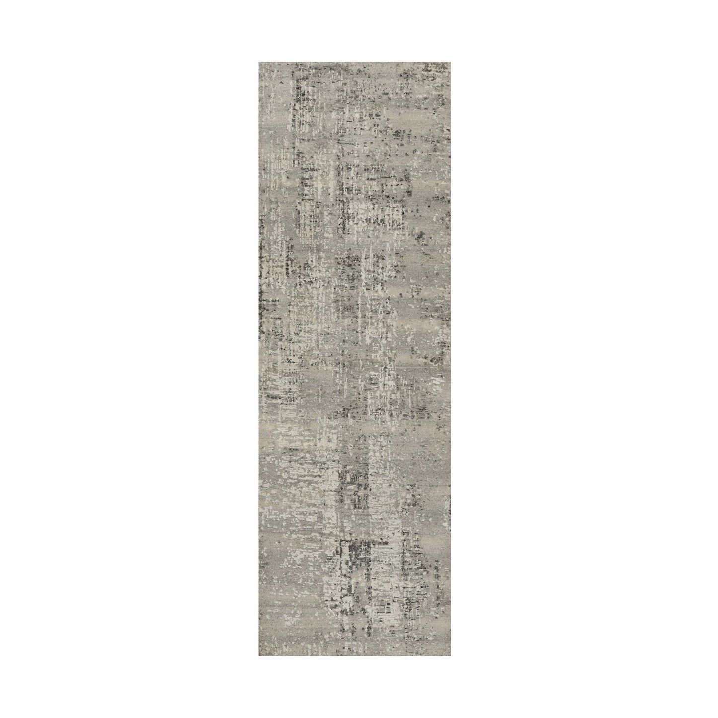 2'7"X8' Gray Modern Runner Rug Erased Design Hand Knotted Natural Wool