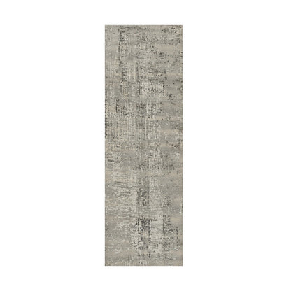 2'7"X8' Gray Modern Runner Rug Erased Design Hand Knotted Natural Wool