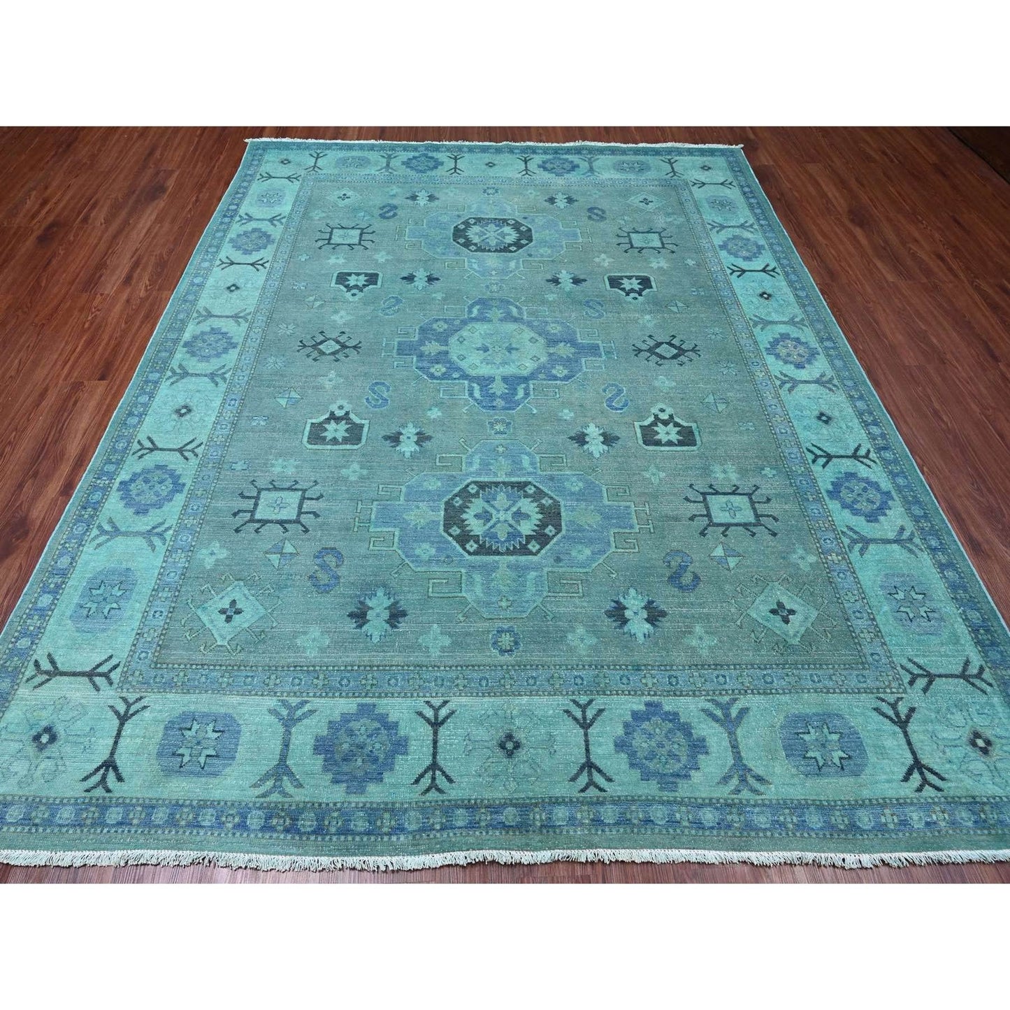 7'9"X9'6" Blue Overdyed Kazak Medallion Design Hand Knotted 100% Wool Rug
