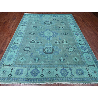 7'9"X9'6" Blue Overdyed Kazak Medallion Design Hand Knotted 100% Wool Rug