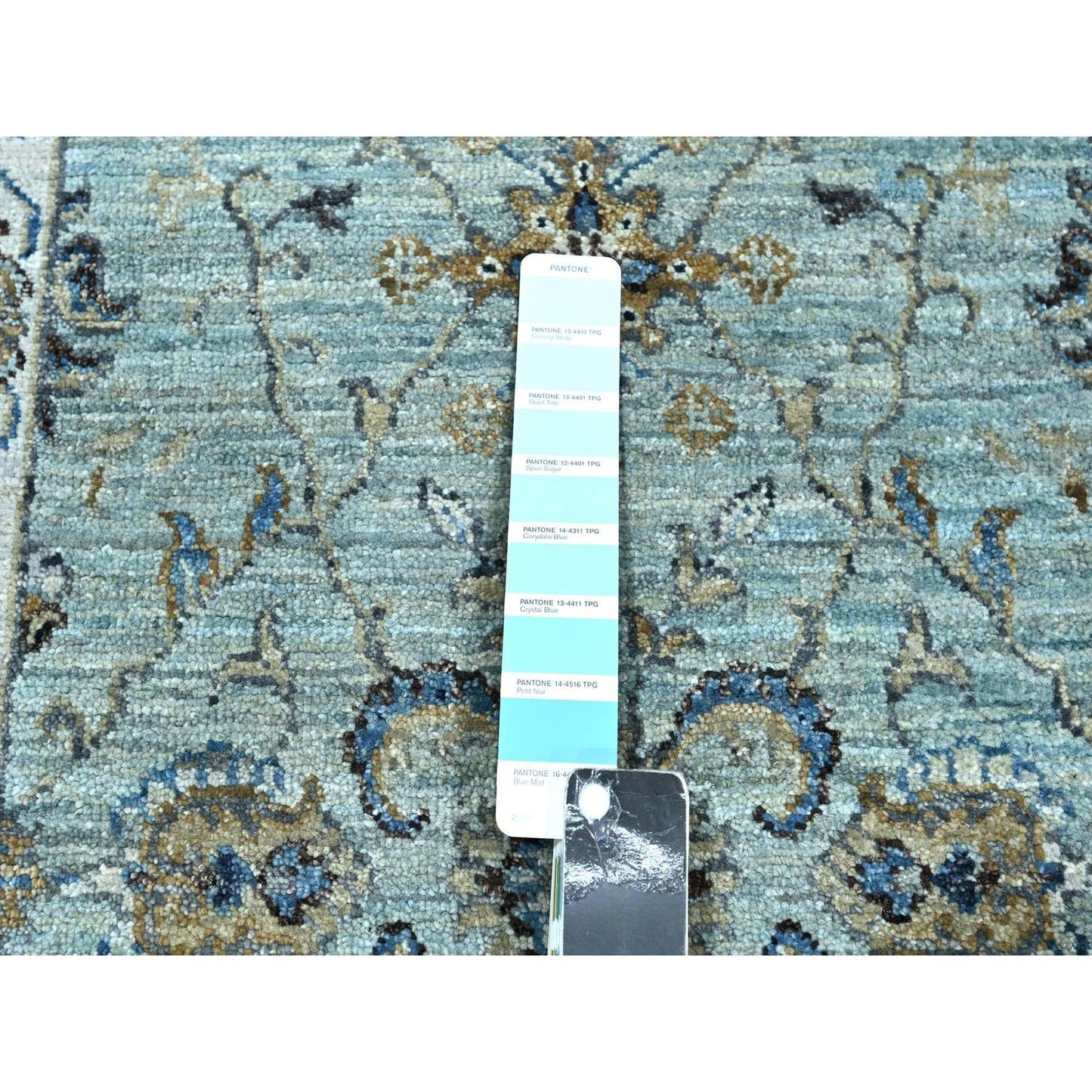 2'6"X25'7" Crystal Blue Pure Wool Vines Design Hand Knotted Xl Runner Rug