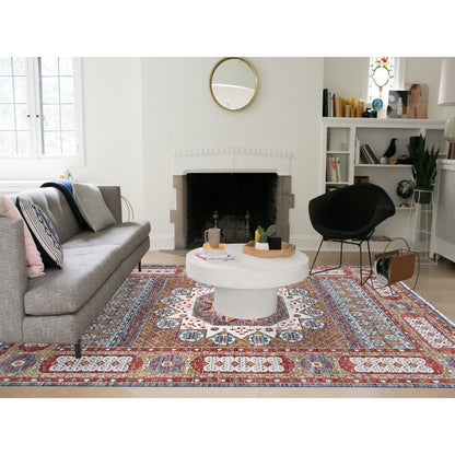 10'2"X14'2" Gold Mamluk Design Hand Spun Wool Hand Knotted Rug