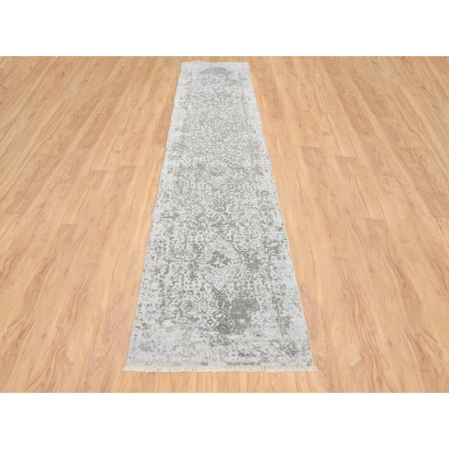 2'6"x12'1" Gray Wool/ Silk Hand Knotted Zoroastrian Design Runner Rug