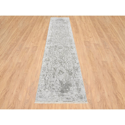 2'6"x12'1" Gray Wool/ Silk Hand Knotted Zoroastrian Design Runner Rug
