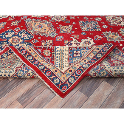 9'2"X11'6" Red Hand Knotted Soft Wool Kazak Tribal Motifs Oriental Rug