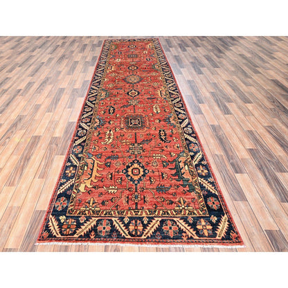 3'10"X13'7" Red Heris All Over Design Wool Hand Knotted Runner Oriental Rug