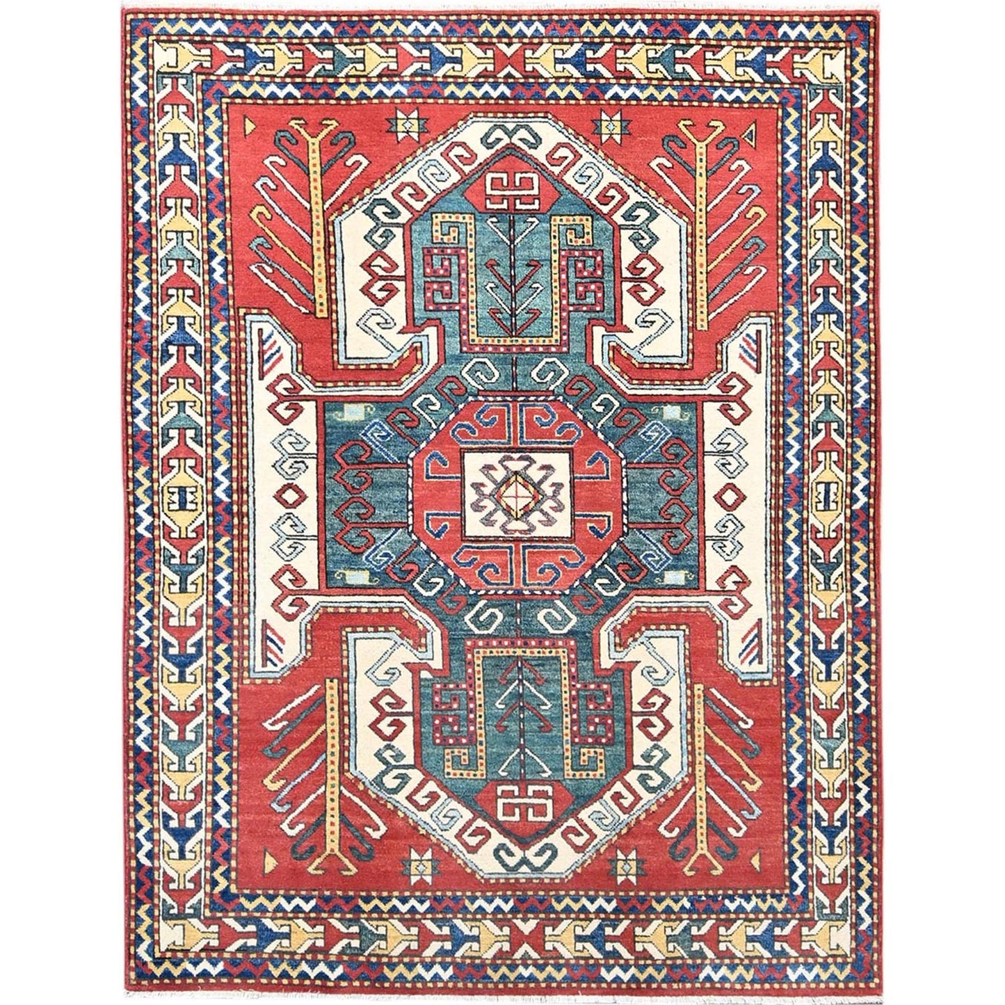 5'X6'6" Pepperoni Red Wool Antiqued Caucasian Swan Kazak Hand Knotted Rug