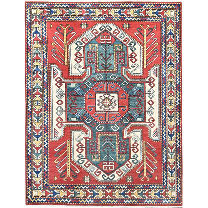 5'X6'6" Pepperoni Red Wool Antiqued Caucasian Swan Kazak Hand Knotted Rug