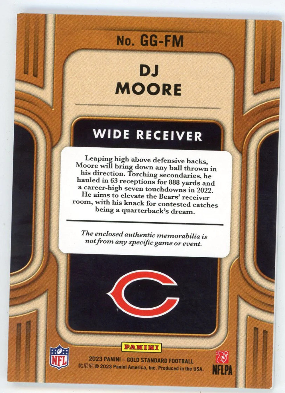 Dj Moore 2023 Panini Gold Standard Gold Gear Patch Relic #Gg-Fm