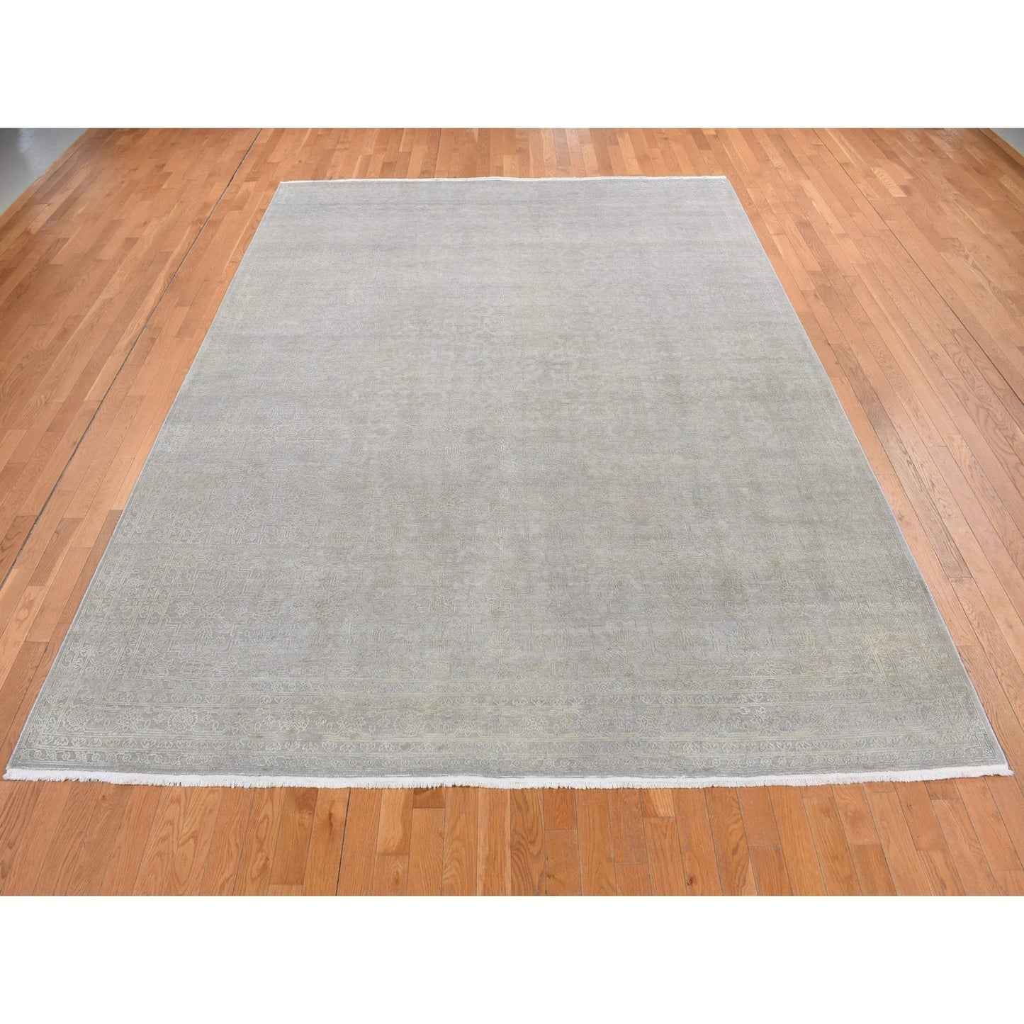 8'10"X12' Gray Silk With Textured Wool Tone On Tone Hand Knotted Rug