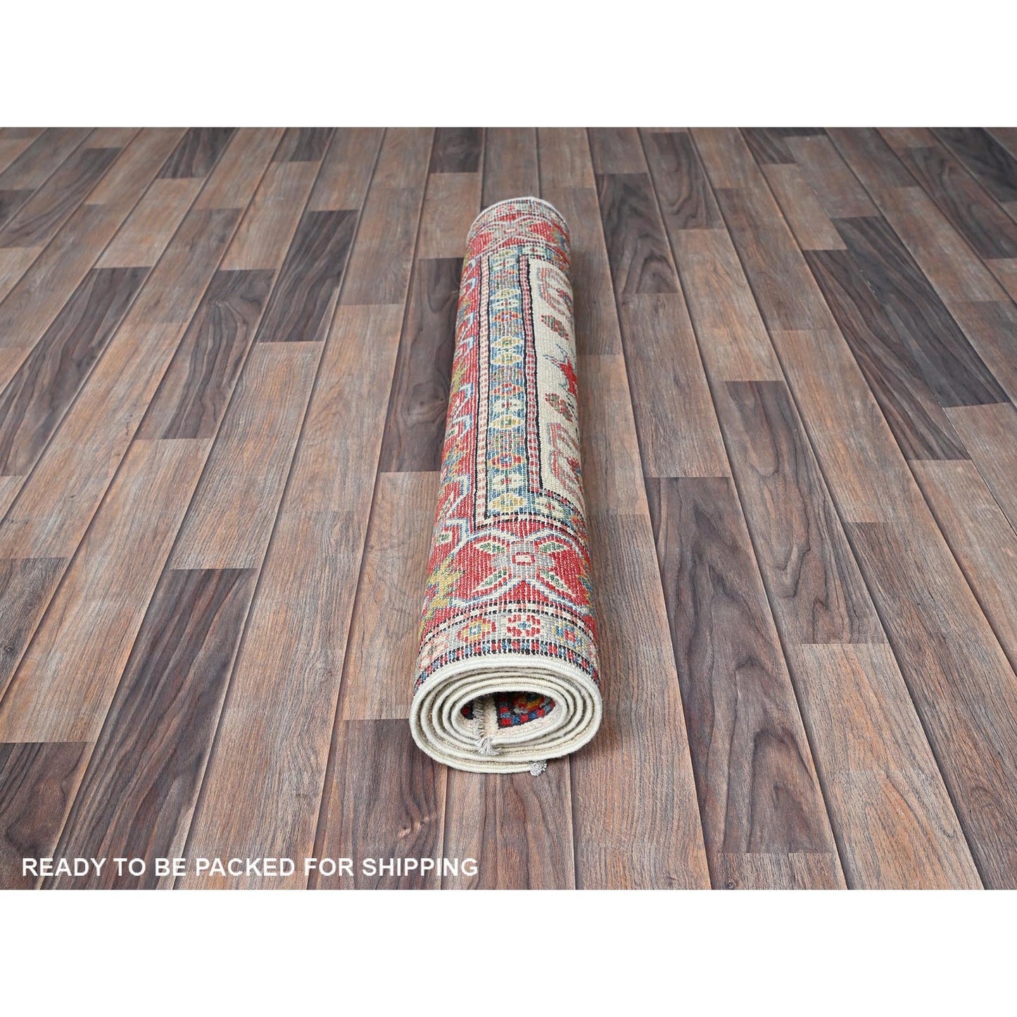 3'2"X5'3" White Hand Knotted Kazak Geometric Medallions Design All Wool Rug