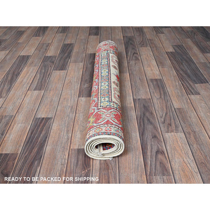 3'2"X5'3" White Hand Knotted Kazak Geometric Medallions Design All Wool Rug