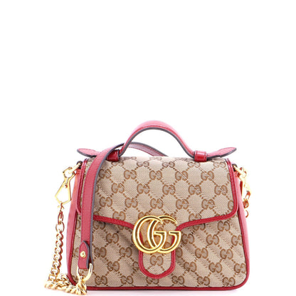 Gucci Gg Marmont Top Handle Flap Bag Diagonal Quilted Gg Canvas With Leather