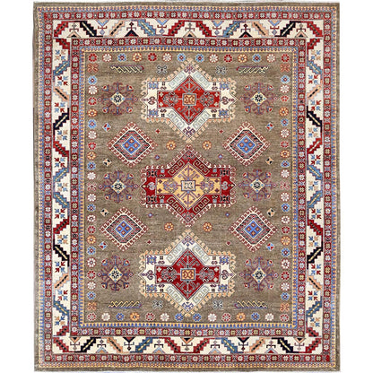 8'2"X10' Brown Afghan Special Kazak Geometric Design Hand Knotted Wool Rug