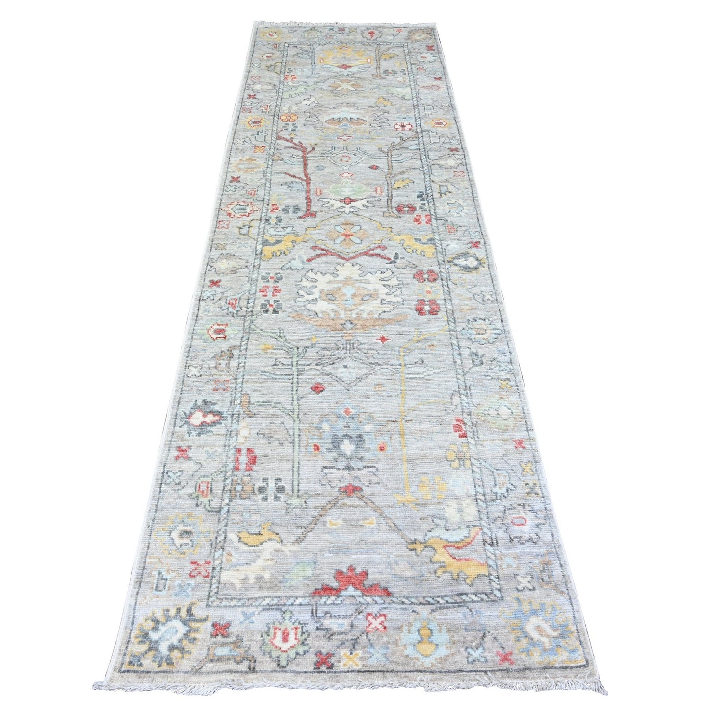 3'1"X10'6" Gray Hand Knotted Afghan Angora Oushak Pure Wool Runner Rug