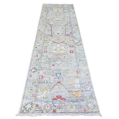 3'1"X10'6" Gray Hand Knotted Afghan Angora Oushak Pure Wool Runner Rug