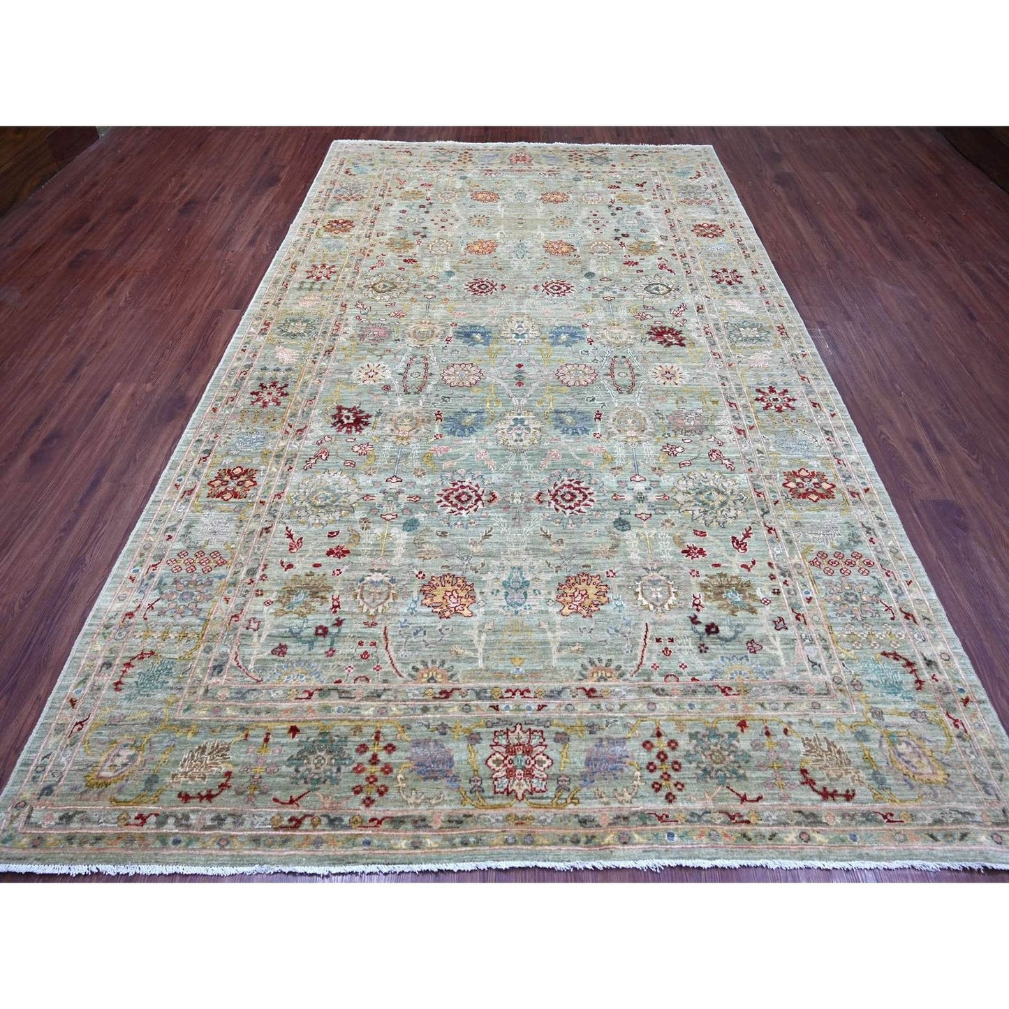 Hand knotted wool rug Green Peshawar design 7'3 x11'8" Ziegler Mahal