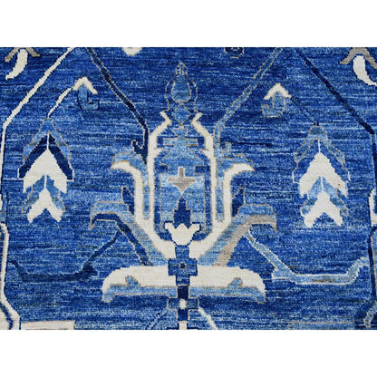 10'1"X13'9" Blue Hand Knotted Afghan Angora Oushak Vines Design Wool Rug