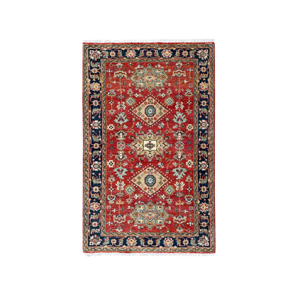 3'X5' Red Karjihooz Design Geometric Medallions Hand Knotted Wool Rug