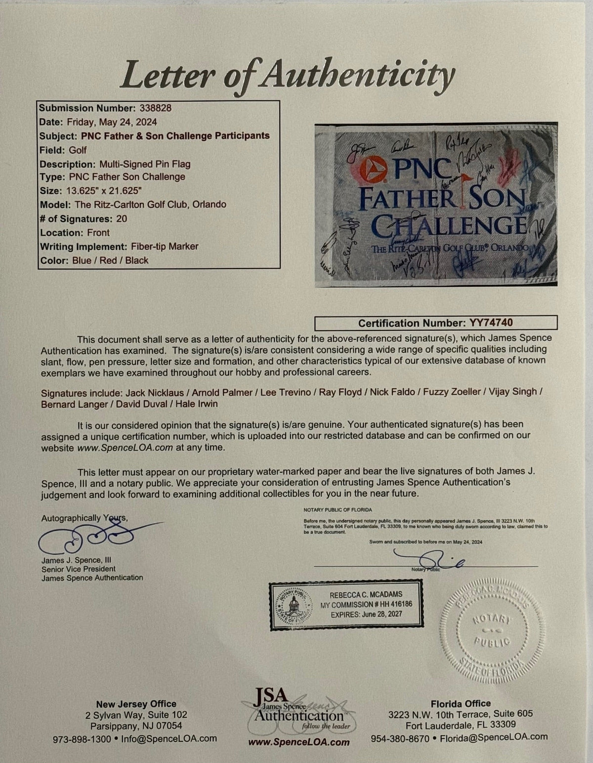 Participants Father Son Autographed PNC Challenge Flag JSA