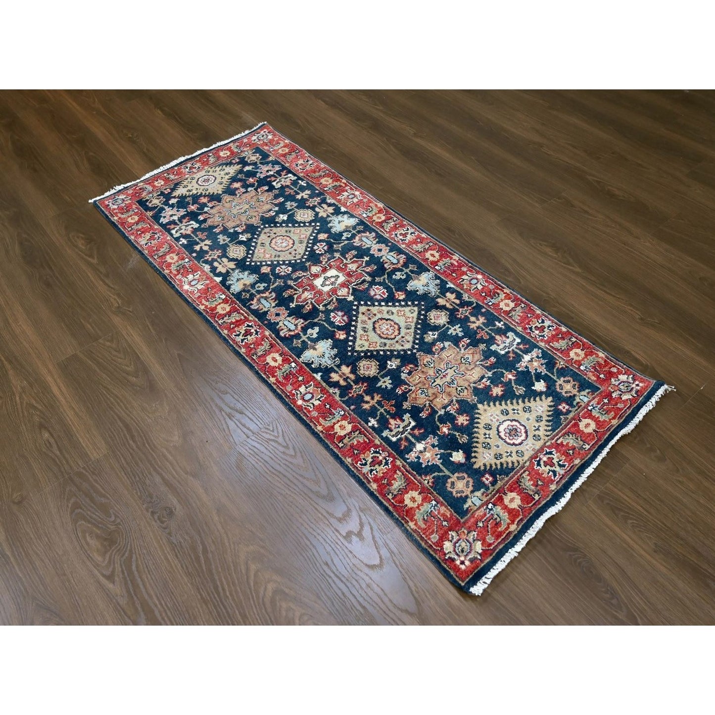2'7"X6' Yale Blue Karjihooz Geometric Design Hand Knotted Wool Runner Rug