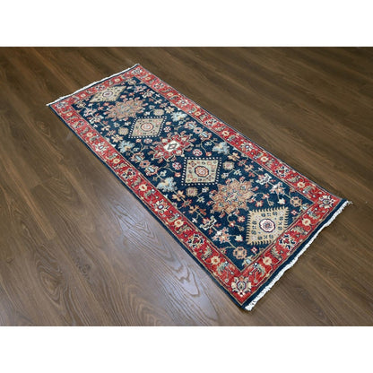 2'7"X6' Yale Blue Karjihooz Geometric Design Hand Knotted Wool Runner Rug