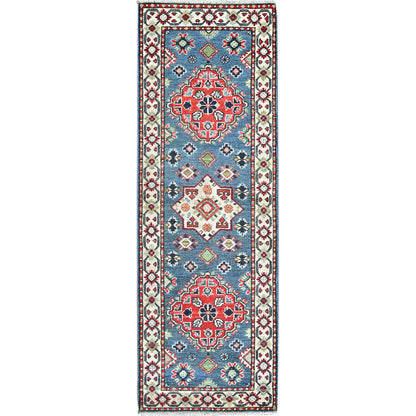 2'1"X6'1" Blue Kazak With Medallion Design All Wool Hand Knotted Runner Rug