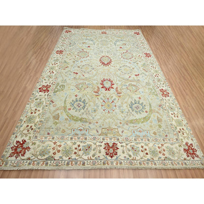 9'1"X12'3" Pelican Gray Sickle Leaf Design Hand Knotted Pure Wool Rug