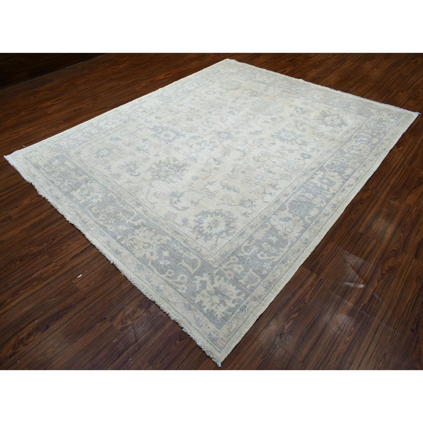 Rug 8'1"x9'8"Gray Afghan Angora Oushak Hand Knotted Natural Wool Oriental