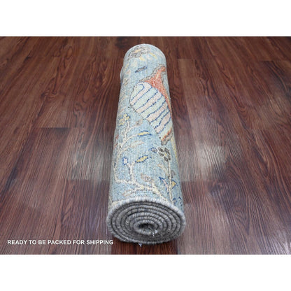 2'X6'1" Blue Afghan Peshawar Birds Design Hand Knotted Wool Runner Rug