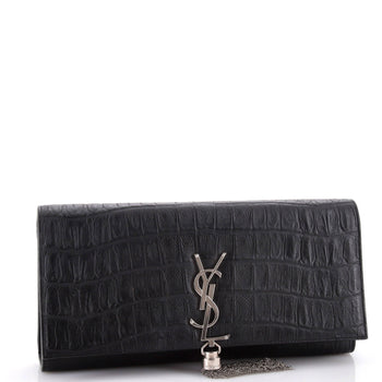 Saint Laurent Classic Monogram Tassel Clutch Crocodile Embossed Leather Long