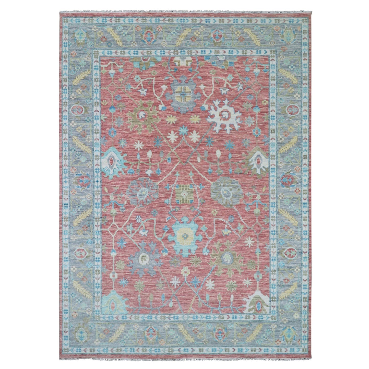 10'1"X14' Coral Pink Hand Knotted Oushak Weave And Design Pure Wool Rug