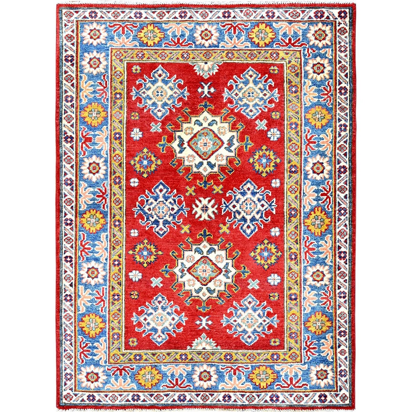 3'8"X4'10" Crimson Red Kazak With Tribal Motifs Hand Knotted Soft Wool Rug