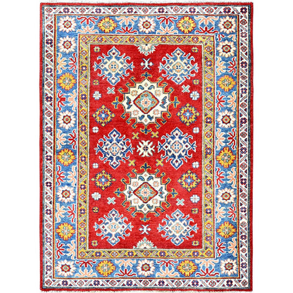 3'8"X4'10" Crimson Red Kazak With Tribal Motifs Hand Knotted Soft Wool Rug