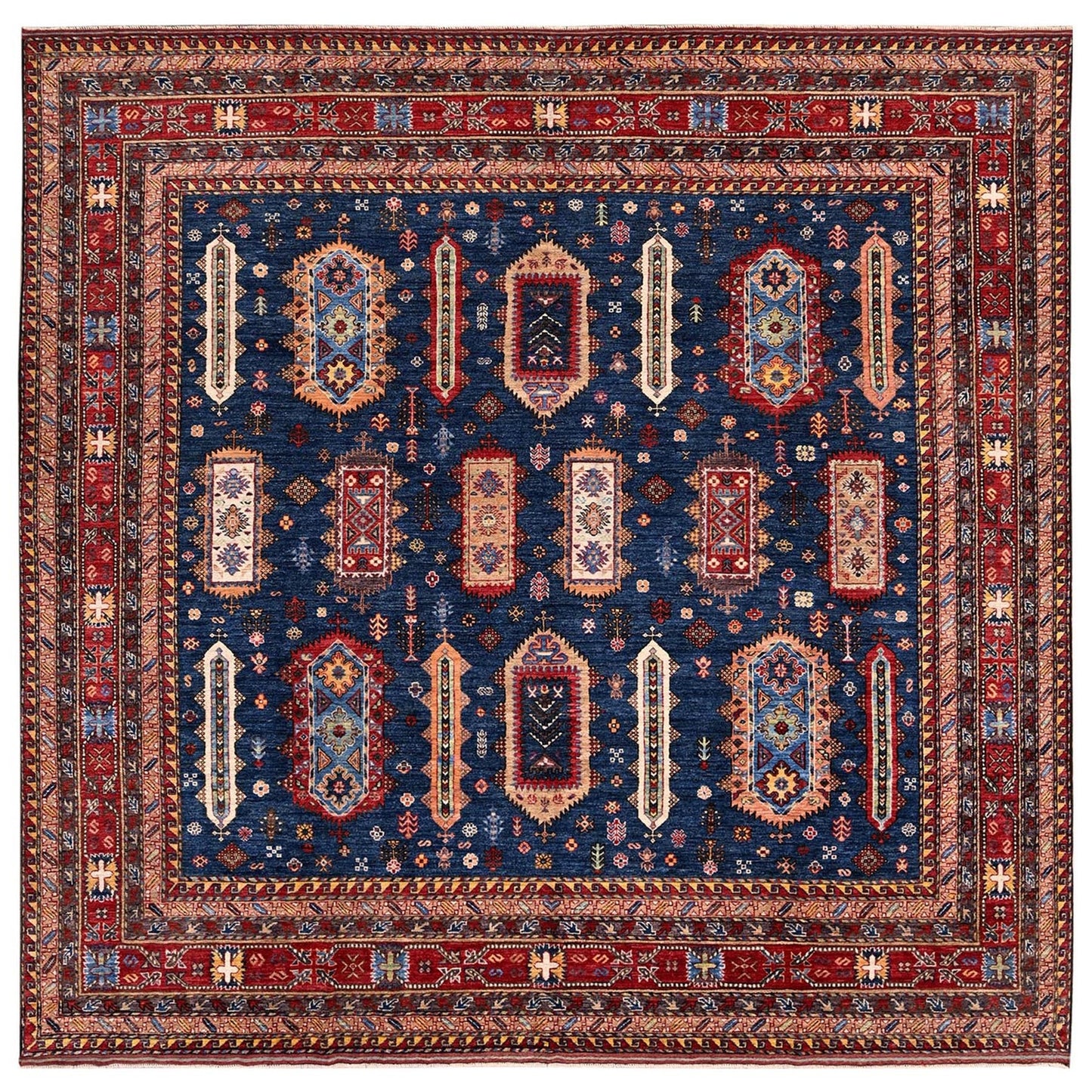 Rug 10'2"x10'2" Yale Blue Caucasian Design Revival Hand Knotted Wool Square