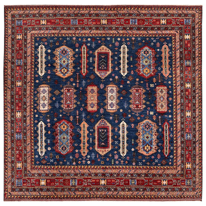 Rug 10'2"x10'2" Yale Blue Caucasian Design Revival Hand Knotted Wool Square
