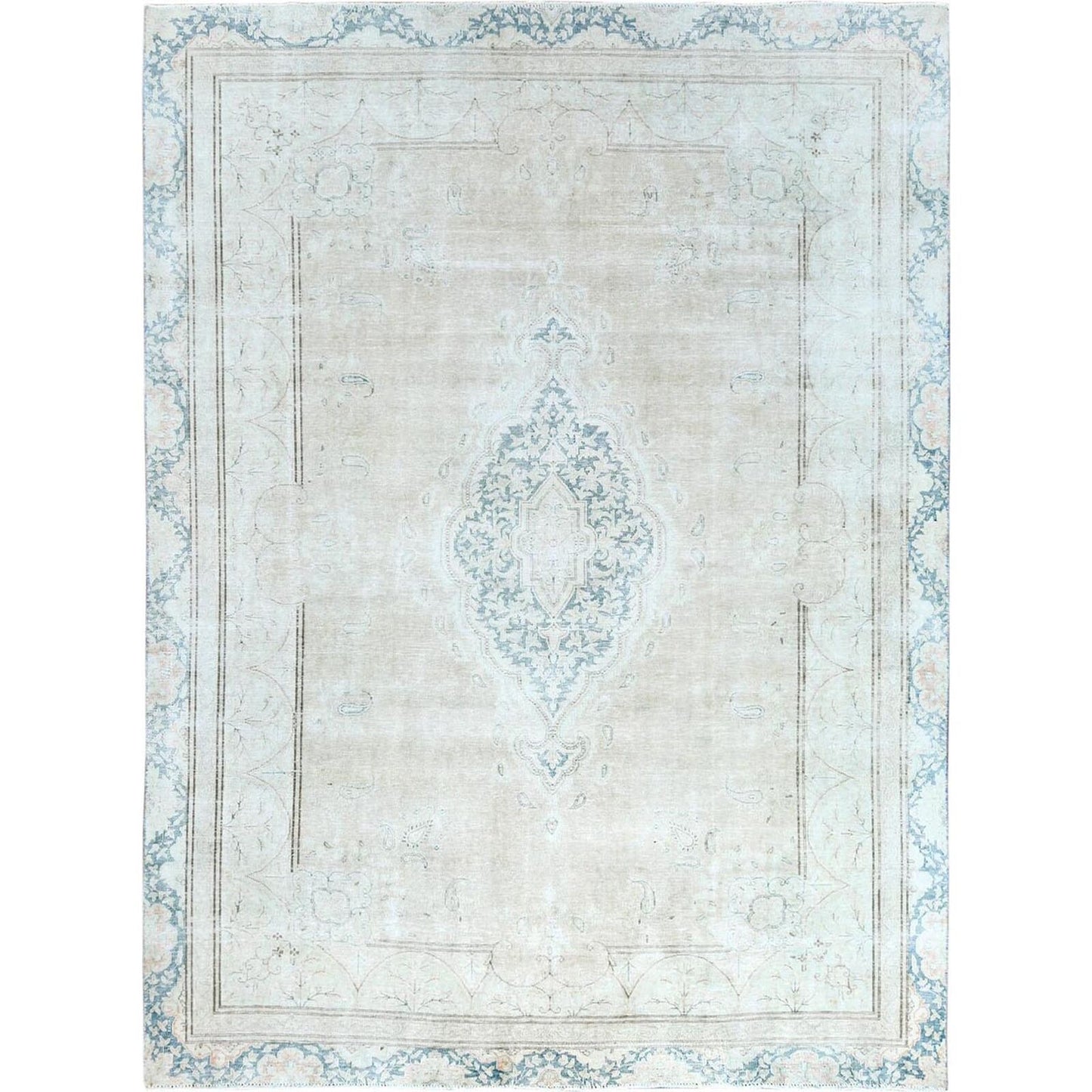 8'3"X11'1" Hand Knotted Ivory Vintage Farsian Karman Worn Wool Rug