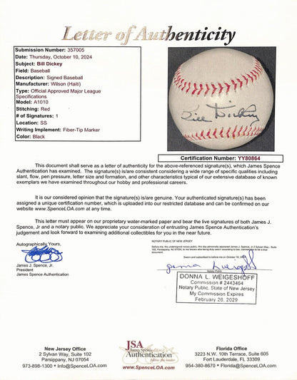 Bill Dickey Hof Signed/Auto Wilson Official Size Baseball Yankees Jsa 191762
