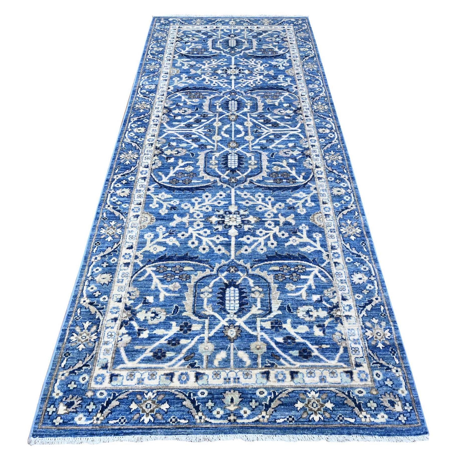 4'1"X9'6" Blue Heris Design Wool Hand Knotted Wide Runner Oriental Rug