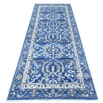 4'1"X9'6" Blue Heris Design Wool Hand Knotted Wide Runner Oriental Rug